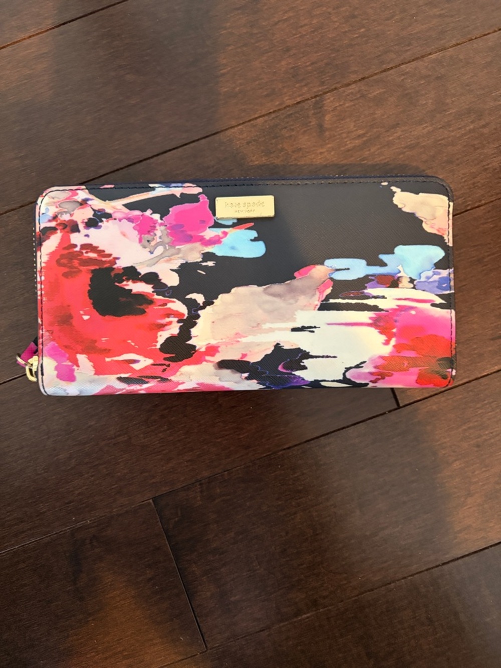 kate spade Black Wallet with Pink, Red & Blue Abstract Floral Print